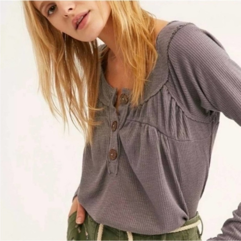 Free People We The Free Must Have Henley Rib Top Gray Small‎
